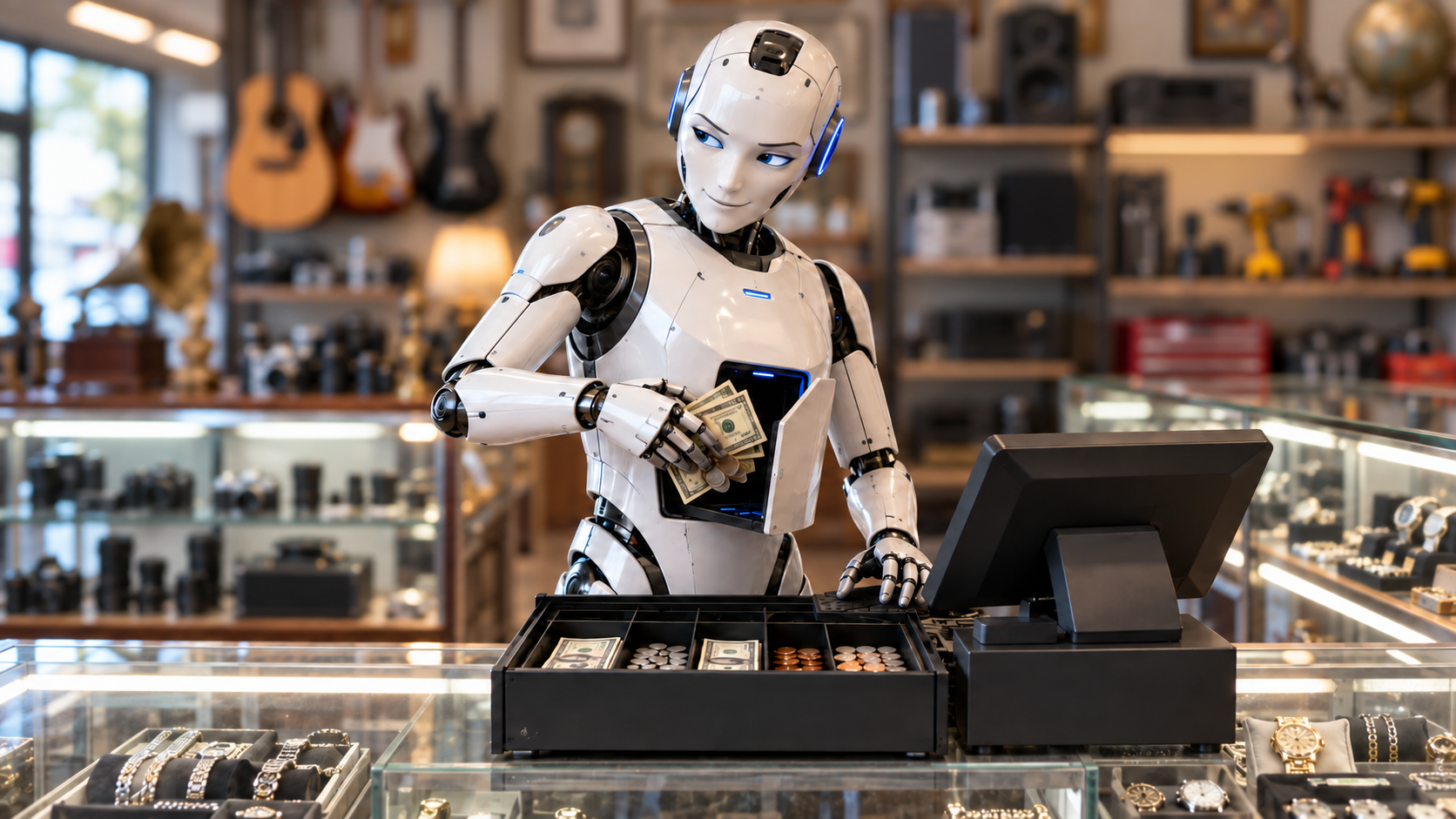 Humanoid robot cashier counting bills at a store register, the real cost of AI in Hey I Episode 2 on Beep Digital