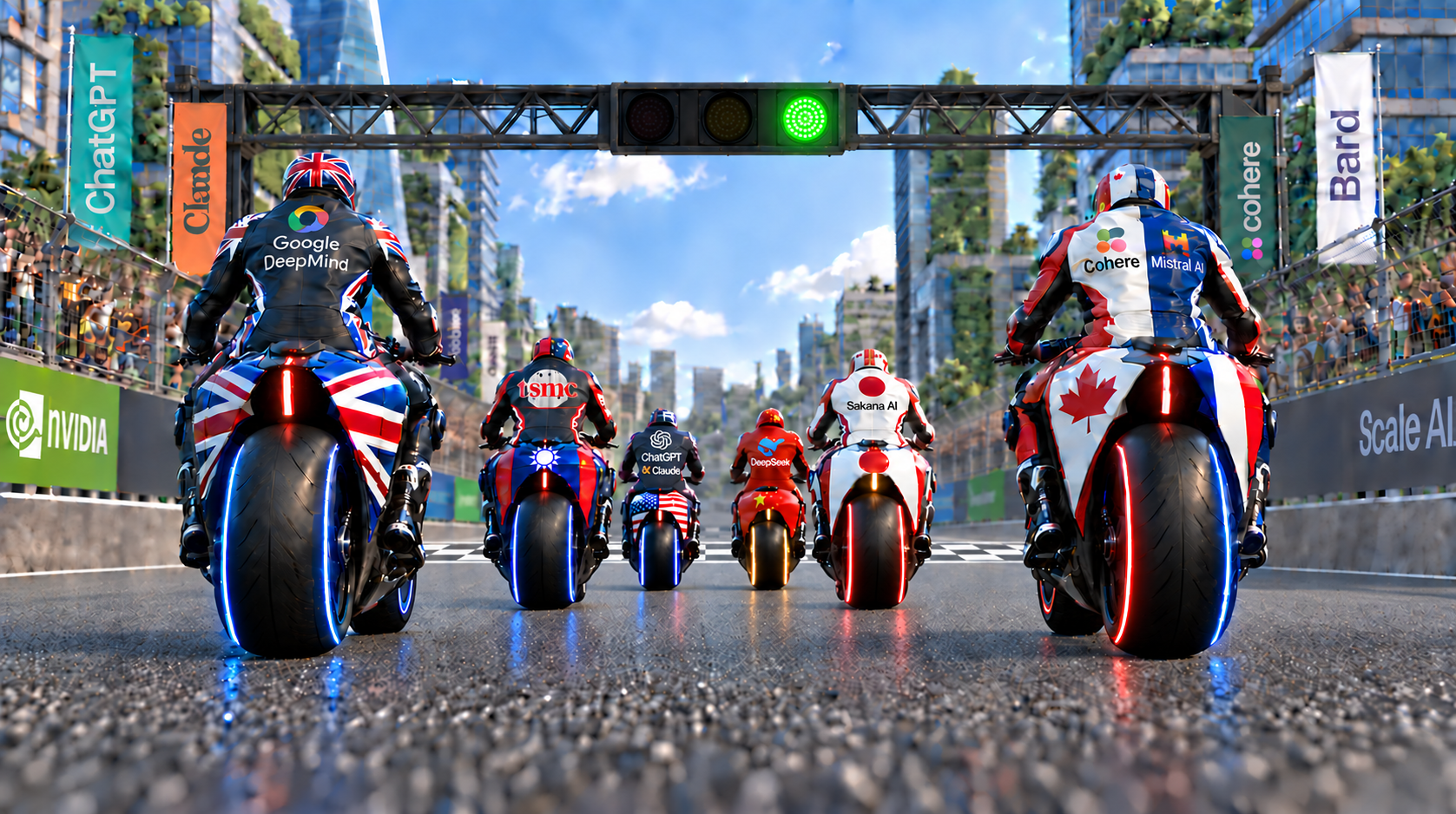 Six riders in national colours line up at the start of the AI race, Hey/I Episode 1 on Beep Digital