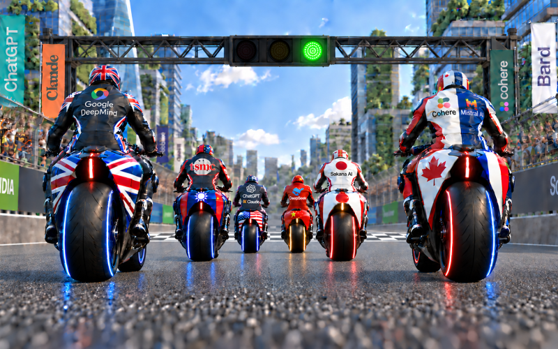 Six riders in national colours line up at the start of the AI race, Hey/I Episode 1 on Beep Digital