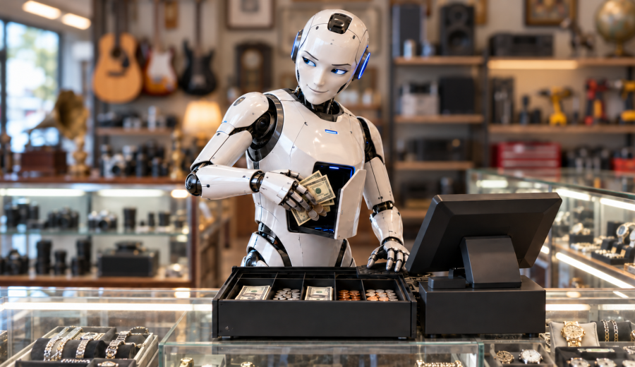 Humanoid robot cashier counting bills at a store register, the real cost of AI in Hey I Episode 2 on Beep Digital