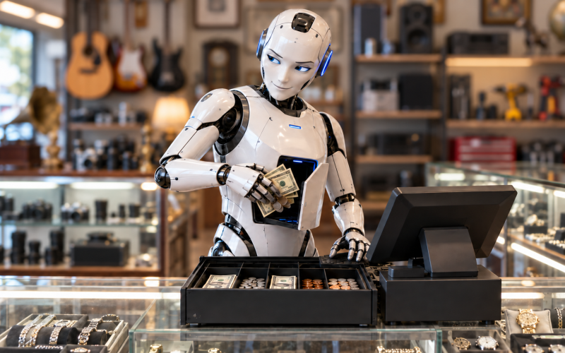 Robot humanoïde caissier comptant des billets à une caisse, le coût réel de l’IA dans l’épisode 2 de Hey/I sur Beep Digital